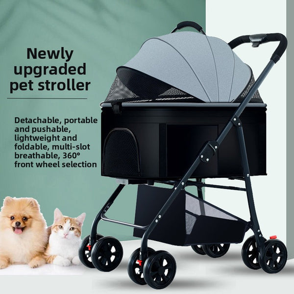 Foldable Pet Stroller | 3-Wheel with Detachable Carrier